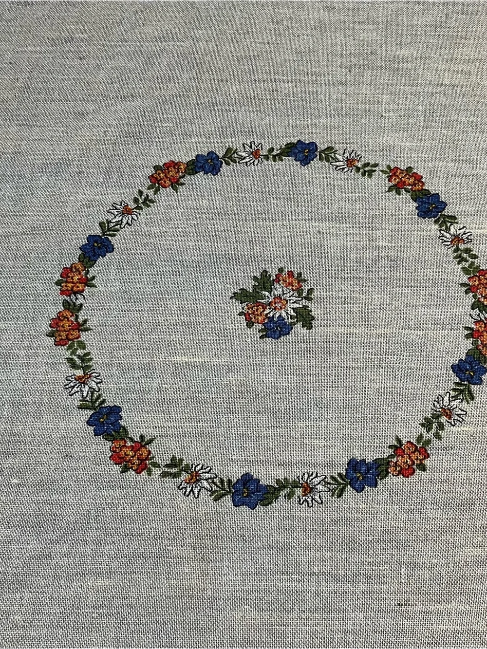VTG West German 60” Round Table Cloth Green Folk Peasant Cottagecore Granny